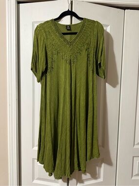 Shalimar Olive Green V-Neck Embroidered Rayon Bamboo Tunic Top/Dress OS